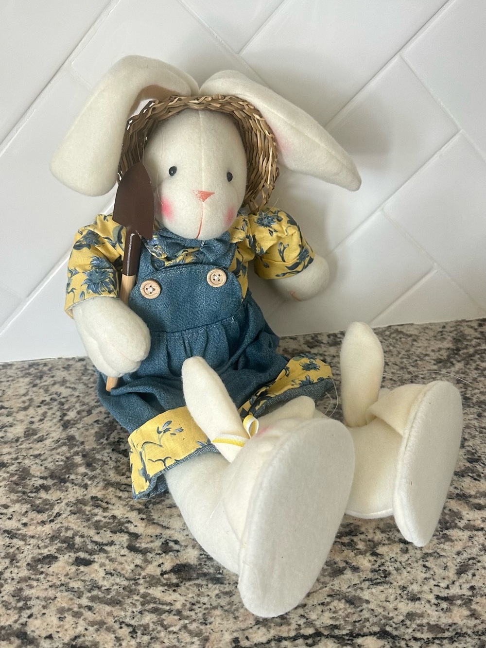 Plush Bunny Doll in Cream with Yellow Floral Dress and Denim Overalls